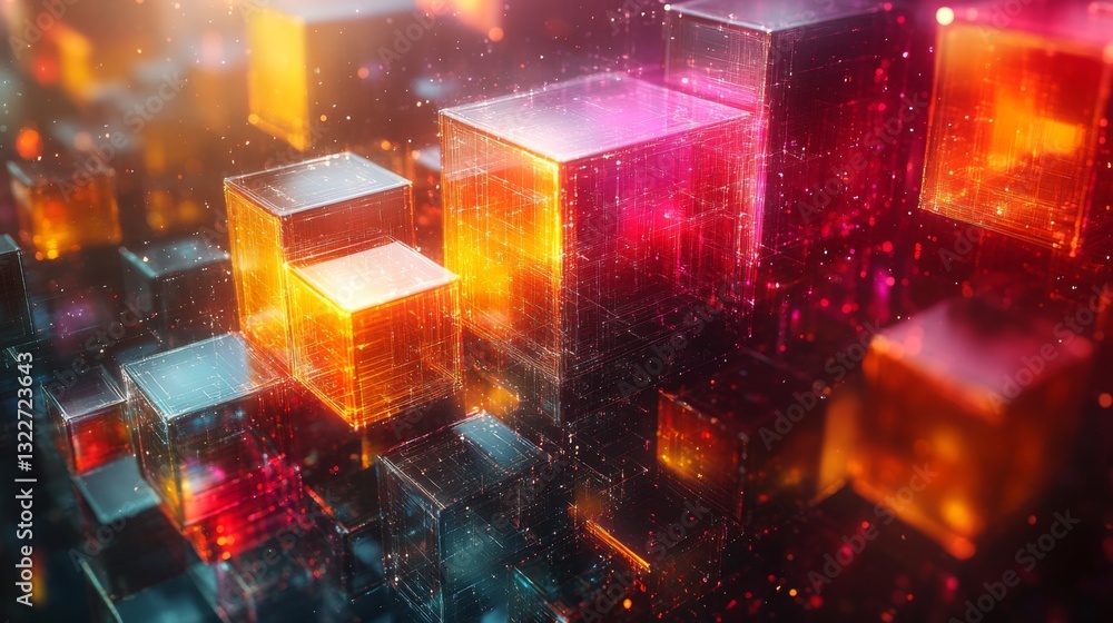 Aufkleber Brightly colored blocks depict the concepts of quantum computing. These structures represent qubits, superposition, and entanglement in a vibrant and futuristic environment.
