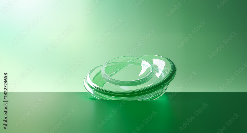 Poster a transparent green glass container is positioned on a reflective green surface. the round object ca