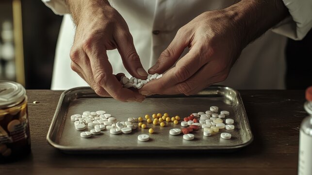 A person carefully sorting and handling different pills carefully