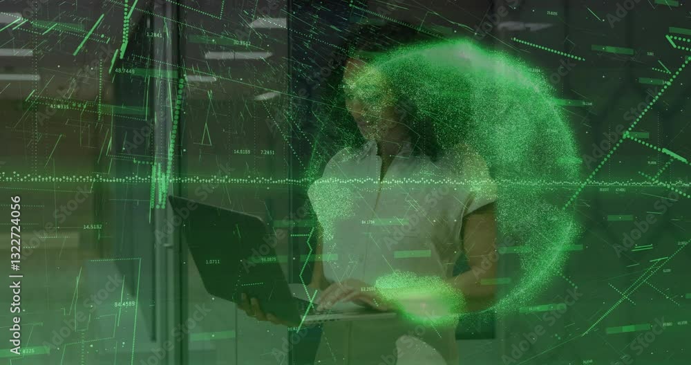 Aufkleber person using laptop with green digital data processing animation overlay