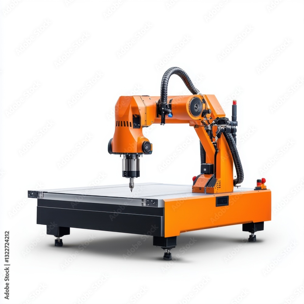 Poster orange industrial robotic arm with precise cutting tool on modern worktable in studio setting