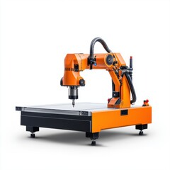 Orange Industrial Robotic Arm with Precise Cutting Tool on Modern Worktable in Studio Setting