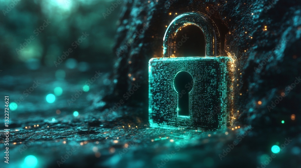 Fototapete This artwork illustrates a glowing lock symbolizing encryption, surrounded by a digital landscape that signifies quantum technologies and concepts.
