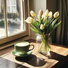 cup of coffee and tulips
