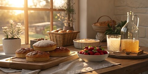 Cozy Rustic Breakfast with Fresh Pastries and Fruit