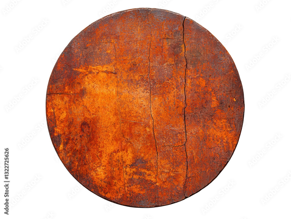 Poster a circular object displaying a textured, rusty surface with visible cracks and deep orange tones.