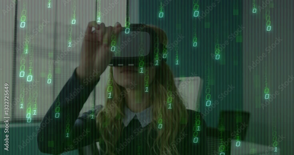 Poster woman using vr headset with digital binary code animation overlay