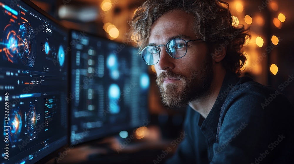 Fototapete A person with glasses is focused on multiple computer screens displaying complex quantum computing visualizations and machine learning data. The setting is a cozy workspace illuminated by soft lights.