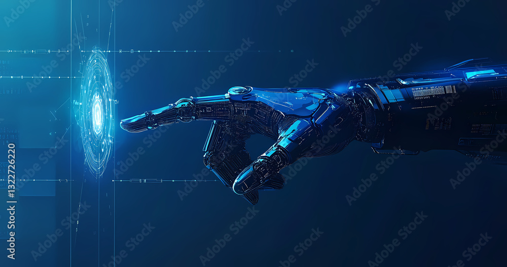 Poster cybernetic touch: a futuristic robotic hand elegantly interacts with a glowing digital interface, sy