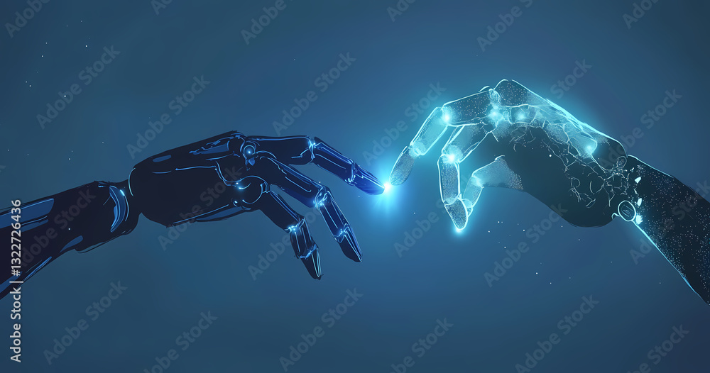 Aufkleber digital connection: a striking visual of two hands—one mechanical, the other ethereal—almost touchin