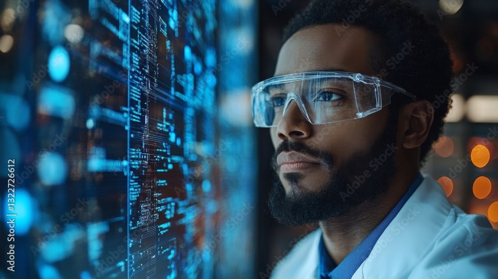 Aufkleber a scientist wearing protective glasses analyzes complex data related to quantum mechanics, focusing 
