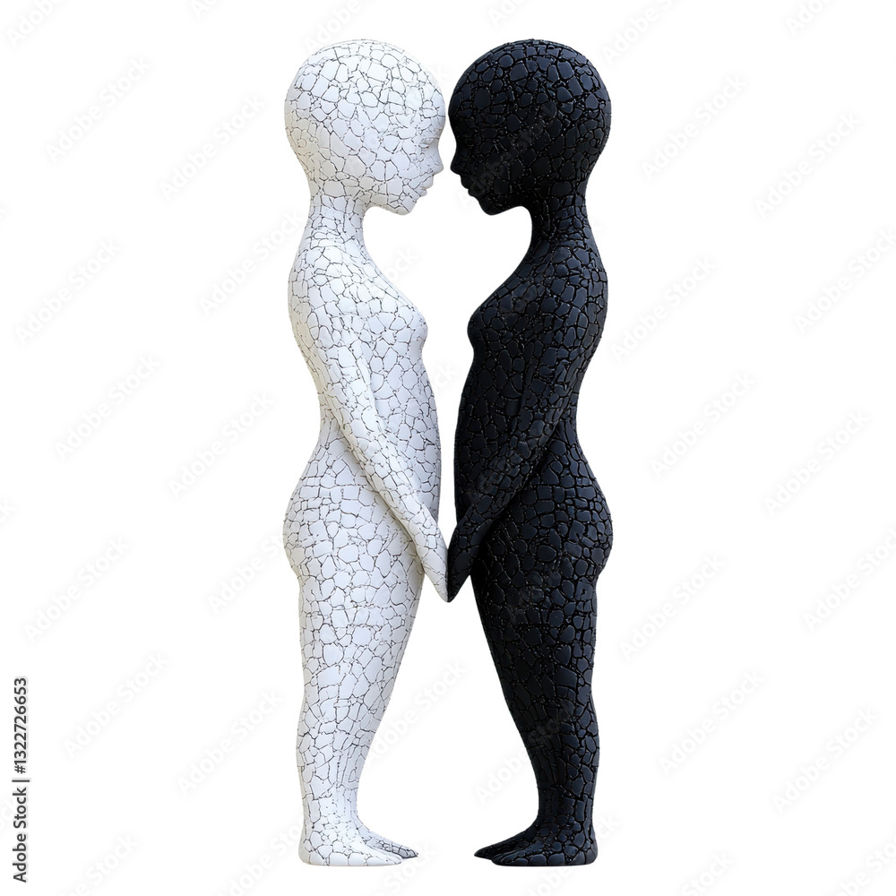 Poster two abstract figures, one white and one black, facing each other in a tender pose, representing cont