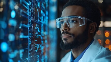 A scientist wearing protective glasses analyzes complex data related to quantum mechanics, focusing on qubits, entanglement, and superposition in a laboratory environment.