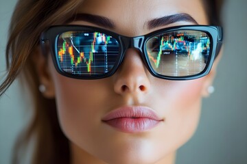 Naklejka premium Futuristic Financial Focus: Professional Woman with Stock Market Reflections in Glasses