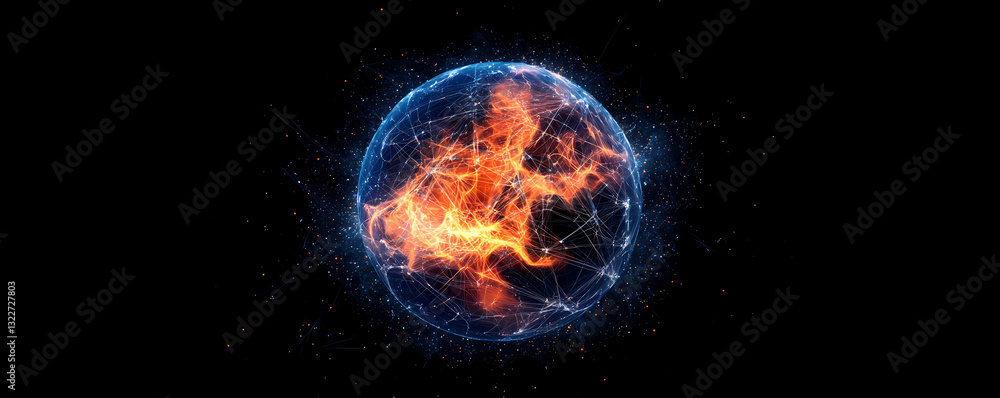 Poster celestial fusion: an artistic portrayal of a celestial sphere, ablaze with fiery energy and intercon