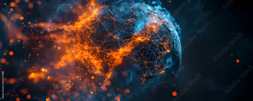 Poster global energy burst: a vibrant depiction of the world enveloped in dynamic energy fields, combining 