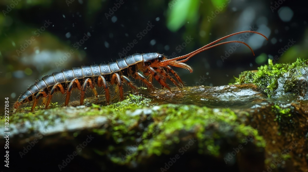 Poster a close up image of a centipede on a log