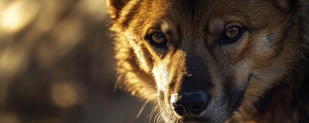 A close up image of a canine face in light