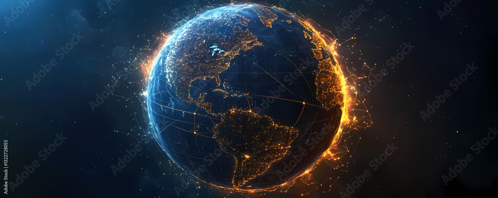 Poster global connectivity: a luminous digital depiction of the earth, showcasing interconnected networks o
