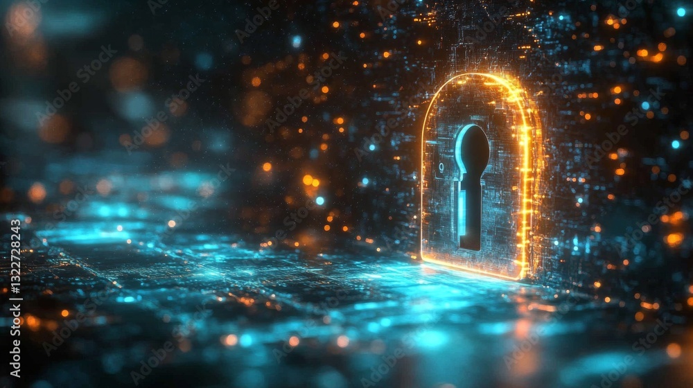 Aufkleber A digital representation showcases a glowing padlock surrounded by a web of vibrant data streams. This symbolizes quantum encryption, with a focus on safeguarding against eavesdropping.