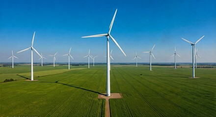 A wind turbine installed in a lush green field under a clear blue sky, representing clean energy and sustainable power generation in a natural environment.