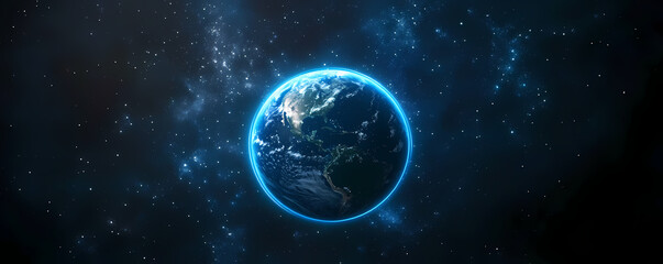 Fototapeta premium The Blue Planet: A stunning, illuminated depiction of Earth floating majestically in the vast, star-studded expanse of space, highlighting the delicate beauty and mystery of our world.