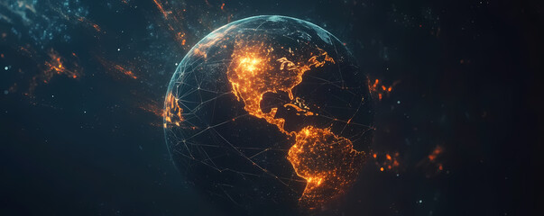 Global Network: An artistic depiction of planet earth encircled by digital lines and emitting a warm, amber glow, symbolizing the interconnectedness of our world.