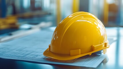 Yellow Hard Hat on Blueprints: Construction Safety