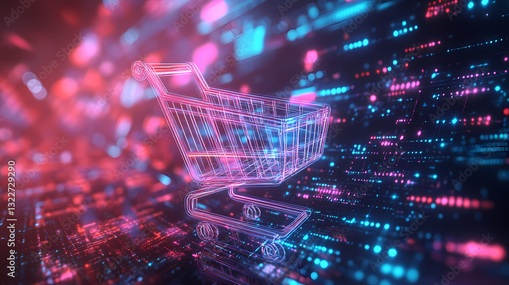 Aufkleber digital shopping cart: a futuristic shopping cart pulsates with neon light, floating within a networ