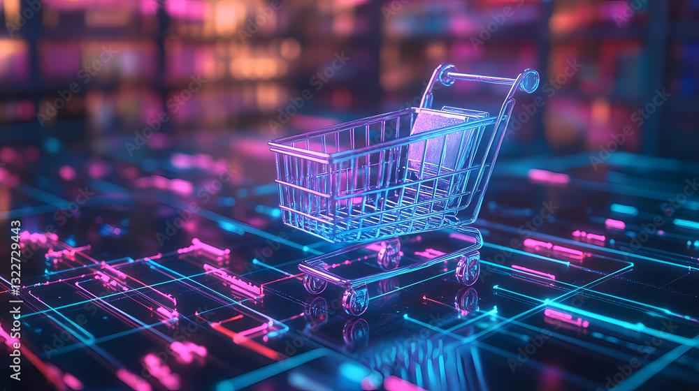 Poster e-commerce cart: a captivating view of shopping cart in a luminous display of technological innovati