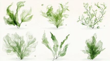 Digital Seaweed Illustrations Green Aquatic Plants on White