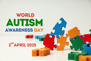 Autism Day, colorful wooden puzzles and text on white background