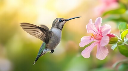 Fototapeta premium Hummingbird in Flight Approaching Colorful Blooming Flower