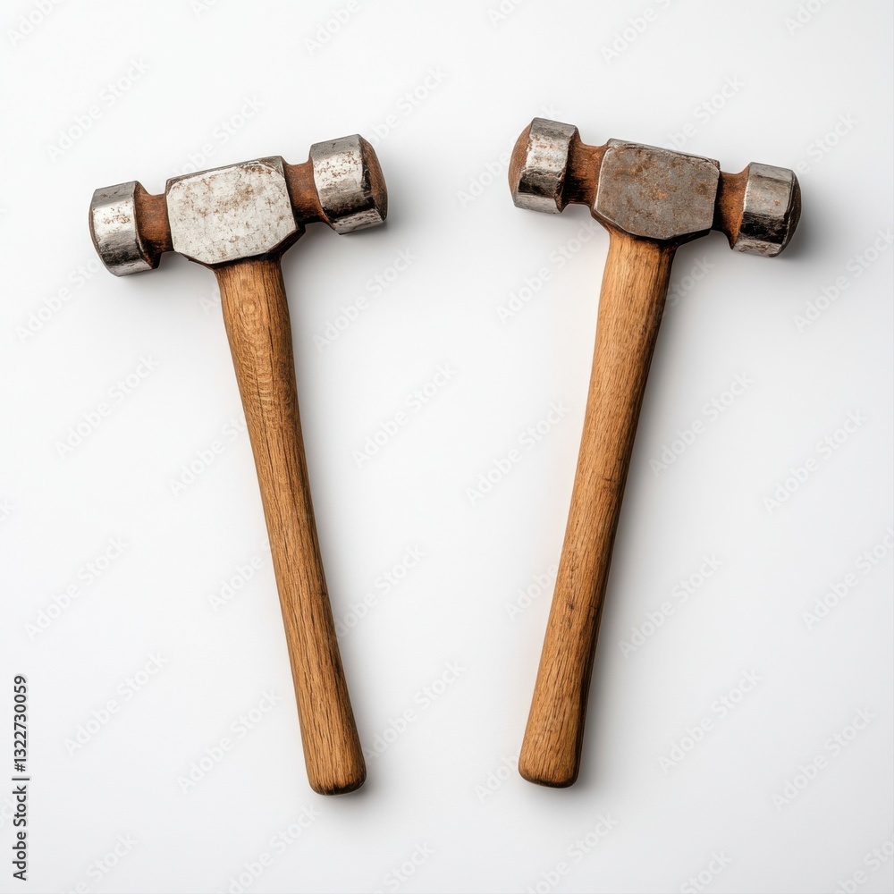 Poster two different types of hammers with wooden handles on white background for construction and diy proj