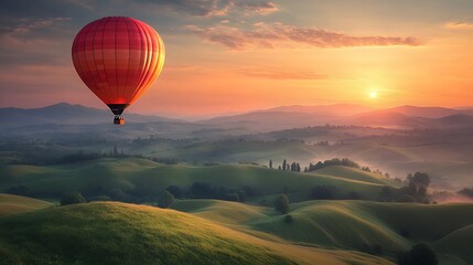 Vibrant Hot Air Balloon Over Serene Rolling Hills at Sunrise
