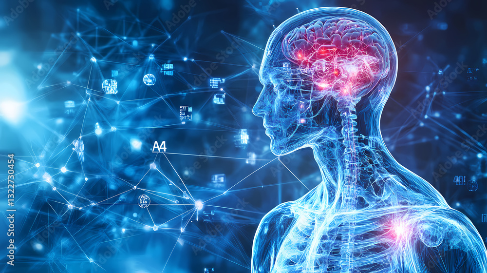 Poster digital brain: a captivating image showcases a digitally rendered human figure with a glowing brain,