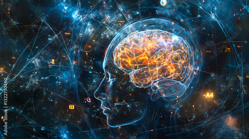 Poster brain's cognitive realm: a digital representation of the human brain, highlighting neural networks a