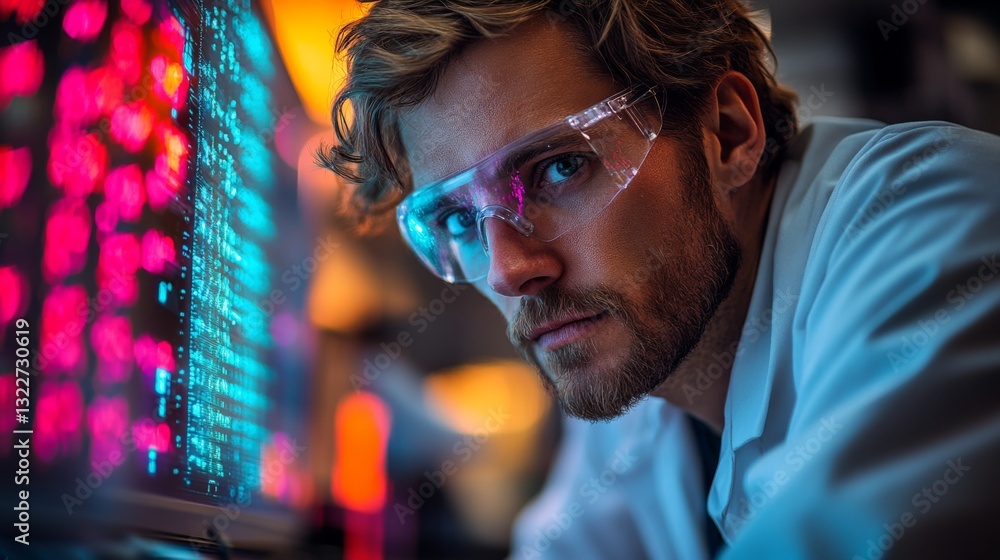 Poster A scientist in protective eyewear analyzes quantum data displayed on a high-tech monitor, exploring concepts like superposition and entanglement in a modern lab.