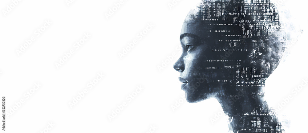 Poster digital mind: a captivating composite image merges a person's profile with abstract code, hinting at