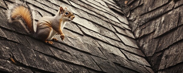 Obraz premium A curious squirrel perched on a weathered wooden rooftop surface