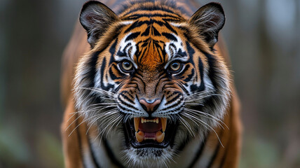 Fototapeta premium A Majestic Sumatran Tiger Bares Its Fangs In A Raw Display Of Power, Its Intense Gaze Piercing Through The Blurred Forest Background With Deep Shadows And Sharp Focus