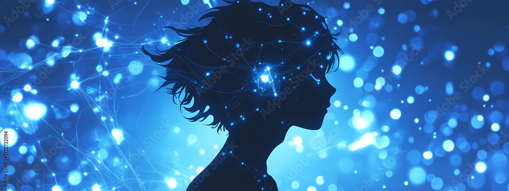 Poster digital silhouette: a human silhouette stands against a backdrop of connected digital particles, cre