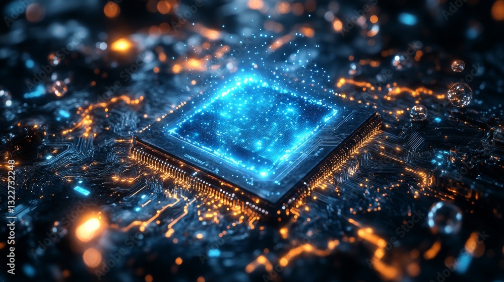 Poster This illustration features a highly detailed quantum computing chip amid a network of glowing electronic circuits.