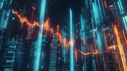 Forex candlestick chart with futuristic skyscraper illustration in the background