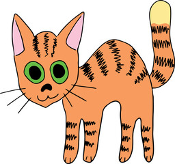 funny cute striped red cat with green eyes stands and arches her back and looks at the camera