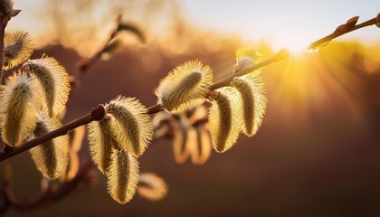 Wiosenne bazie w socu Kontrastowe barwy i tekstury pola uprawy na tle jasnego nieba wiosny, Krajobraz zaskakujcy w penym promieniowaniu wiata