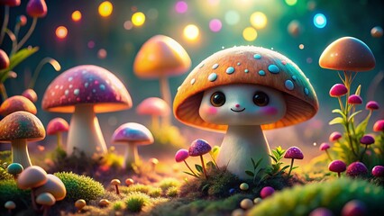 Adorable Chibi Mushrooms: Minimalist Stock Photo of Cute Fantasy Fungi