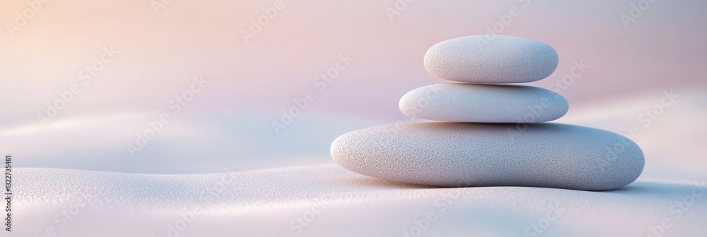 Poster smooth pebbles arranged in a tranquil zen setting with soft pastel gradients creating a peaceful atm