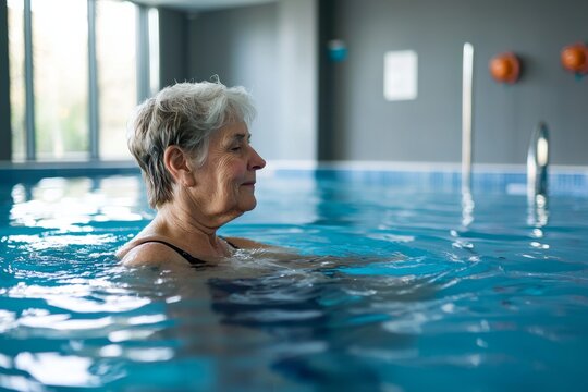 Senior woman enjoying a relaxing swim in a tranquil indoor pool - Powered by Adobe