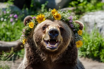 Obraz premium Sunny daylight. Summer happiness. Cute adult animal grizzly bear wearing savage flower wreath on its head. Elegant forest animal with flowers. Peaceful wild animal in nature.